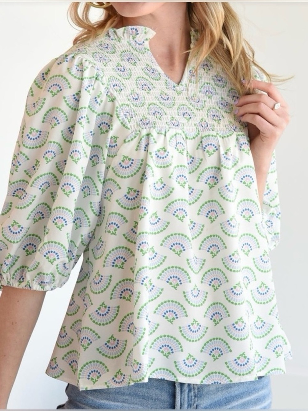Michelle McDowell Smocked Floral Print Puff Sleeve Ruffle Collar Blouse White S